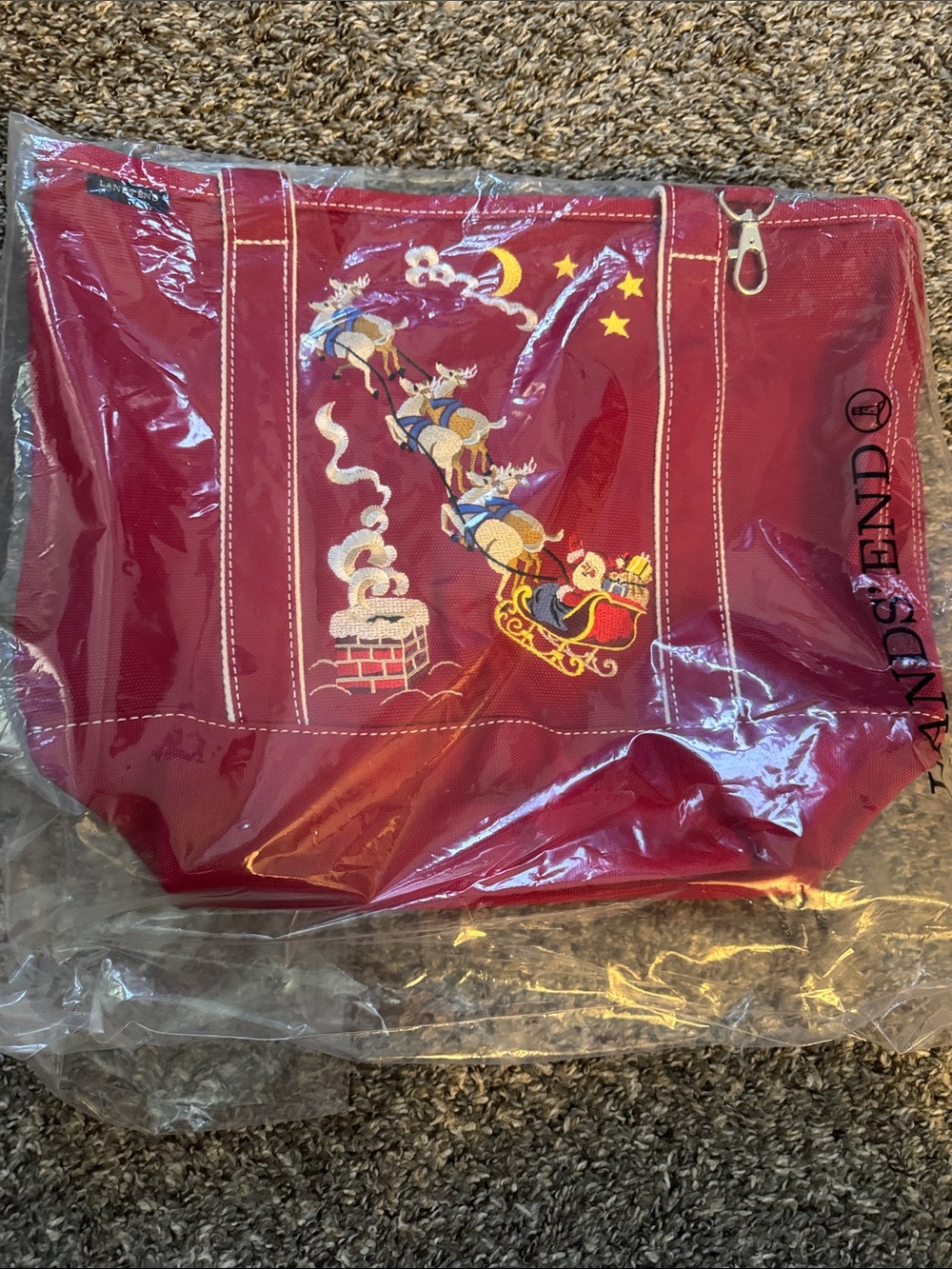Lands' End Red Holiday Embroidered Canvas Tote